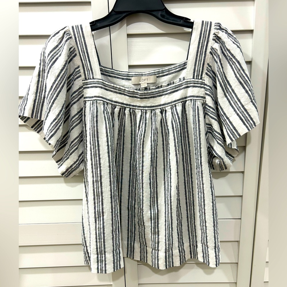 LOFT Black and White Striped Square Neck Linen Top - Large